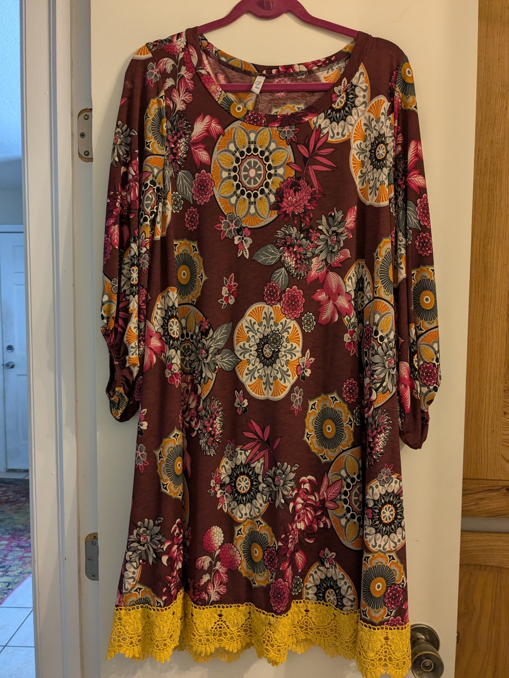 Floral Lace-Hem Long Sleeve Dress - Burgundy